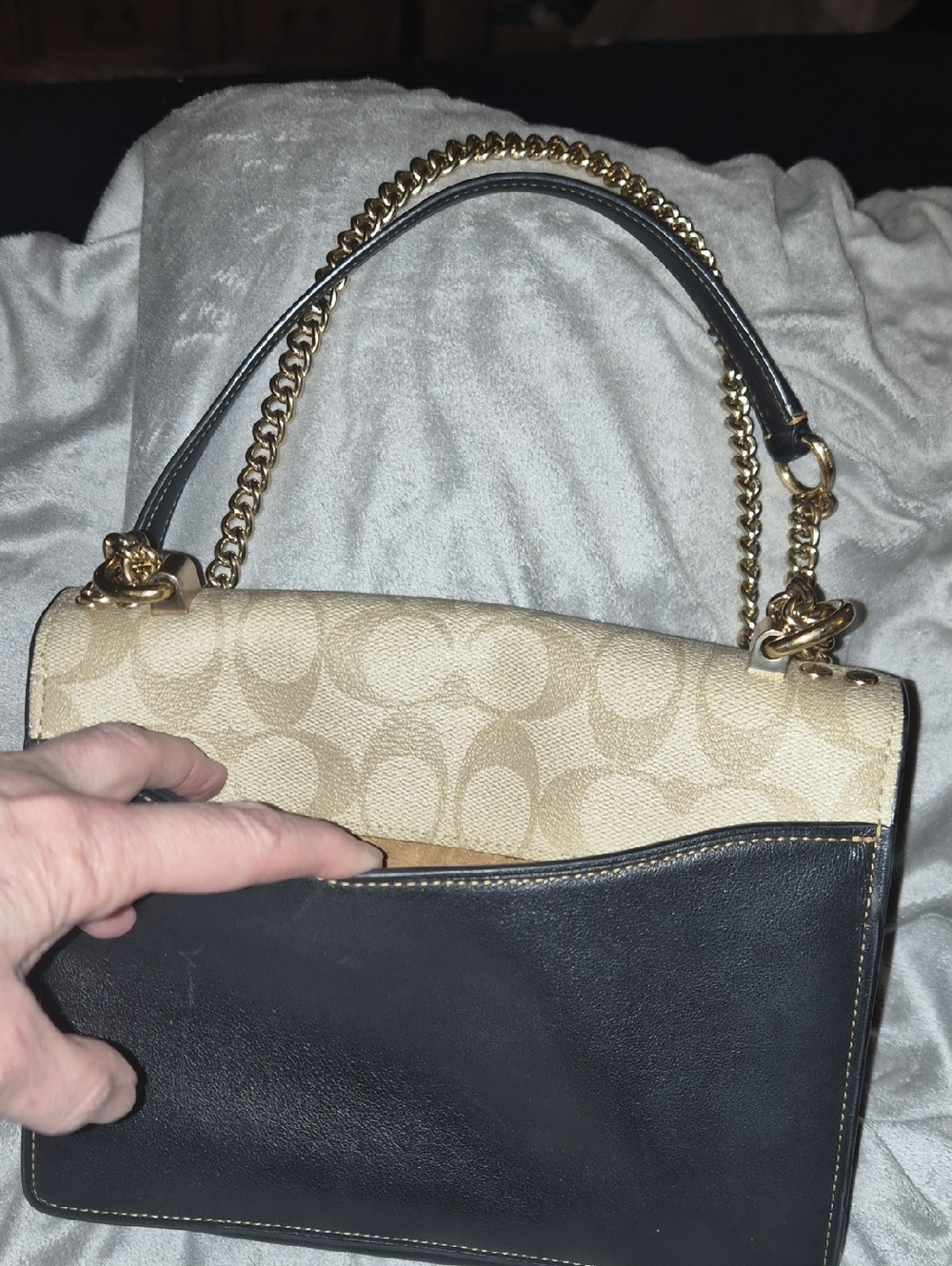 Coach Signature Canvas and Leather Chain Shoulder Bag in Khaki/Black - Picture 3 of 4
